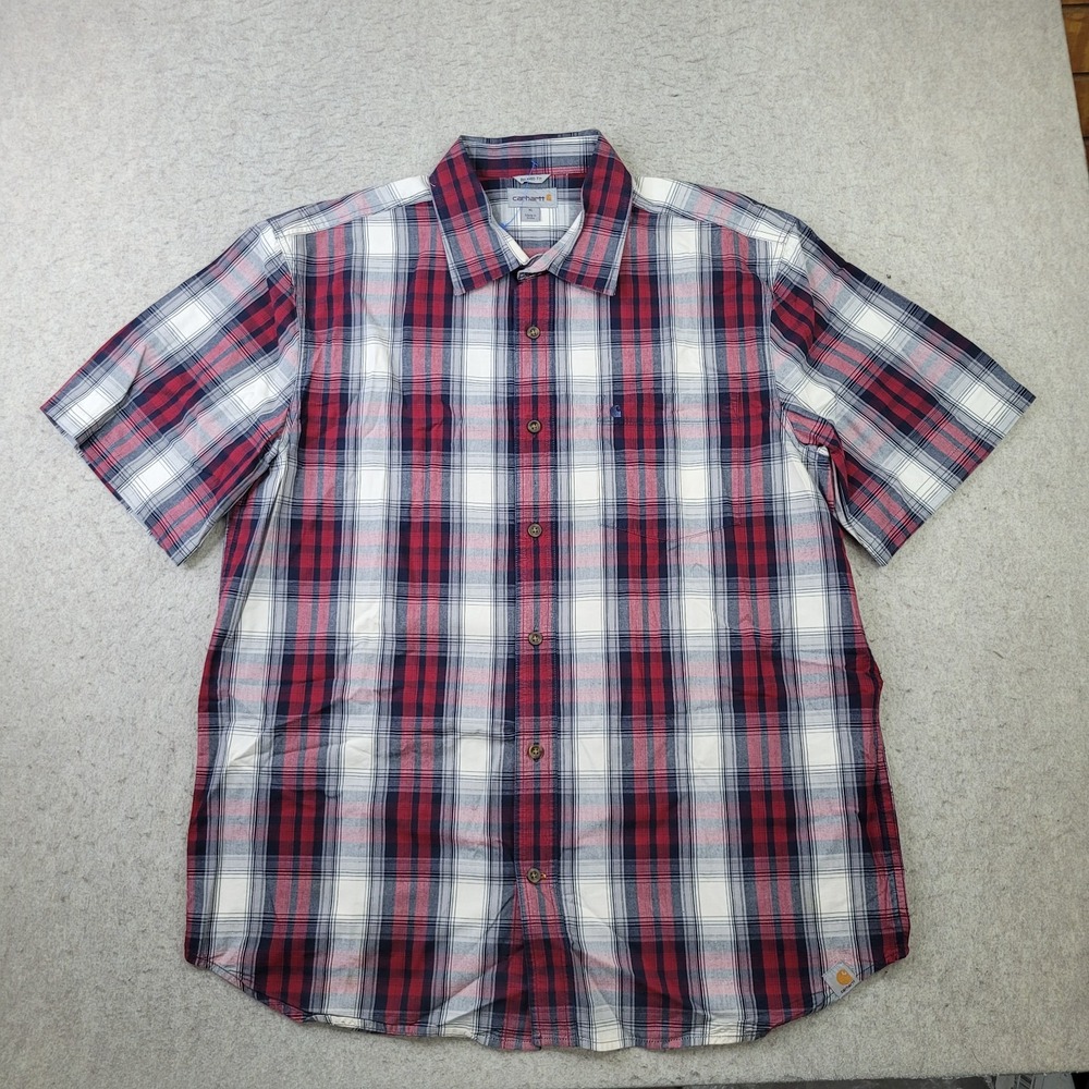 Carhartt Cotton Short Sleeve Relaxed‎ Fit Red Plaid Button Up Mens Sz XL Work